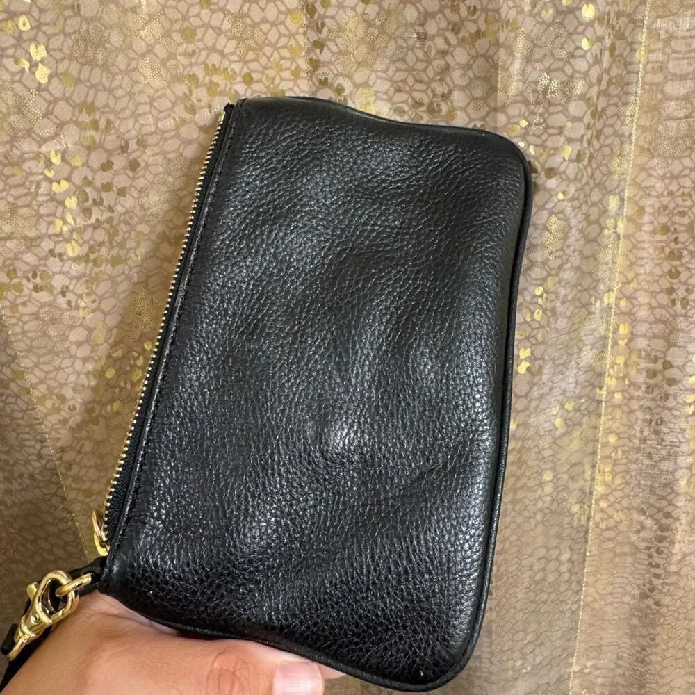 Michael Kors Black Gold Logo Pebble Leather Clutch Wristlet Zip Bag